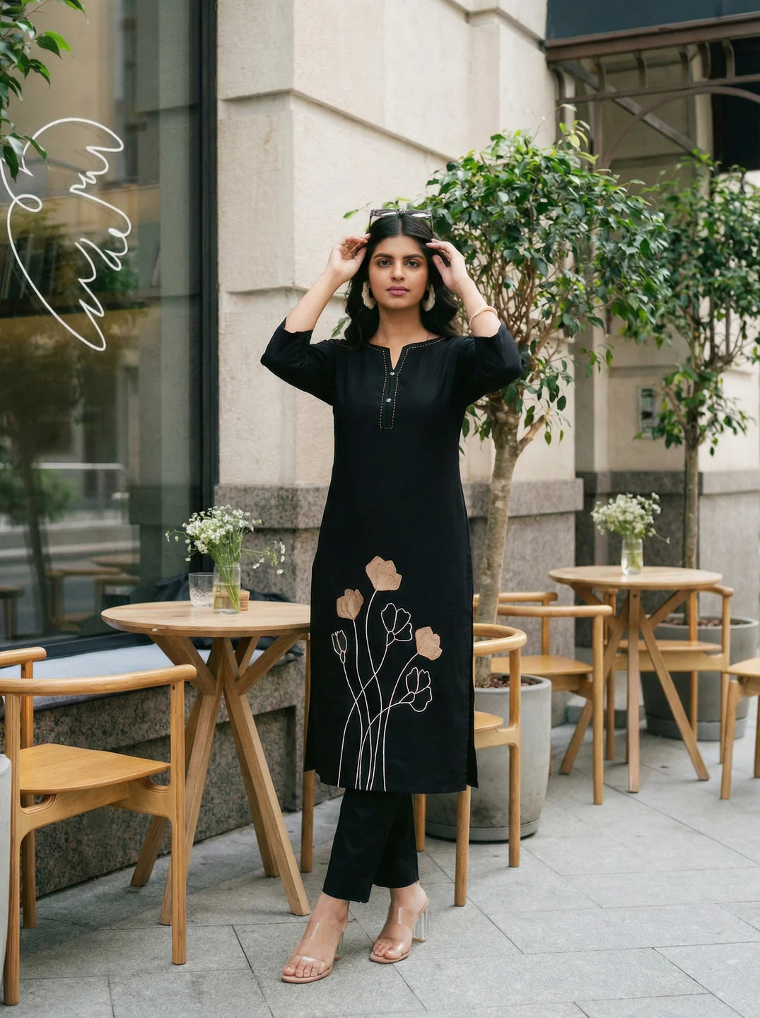 Black Floral Embroidered Kurta Pant Set in Cotton Flex
