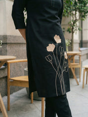 Black Floral Embroidered Kurta Pant Set in Cotton Flex