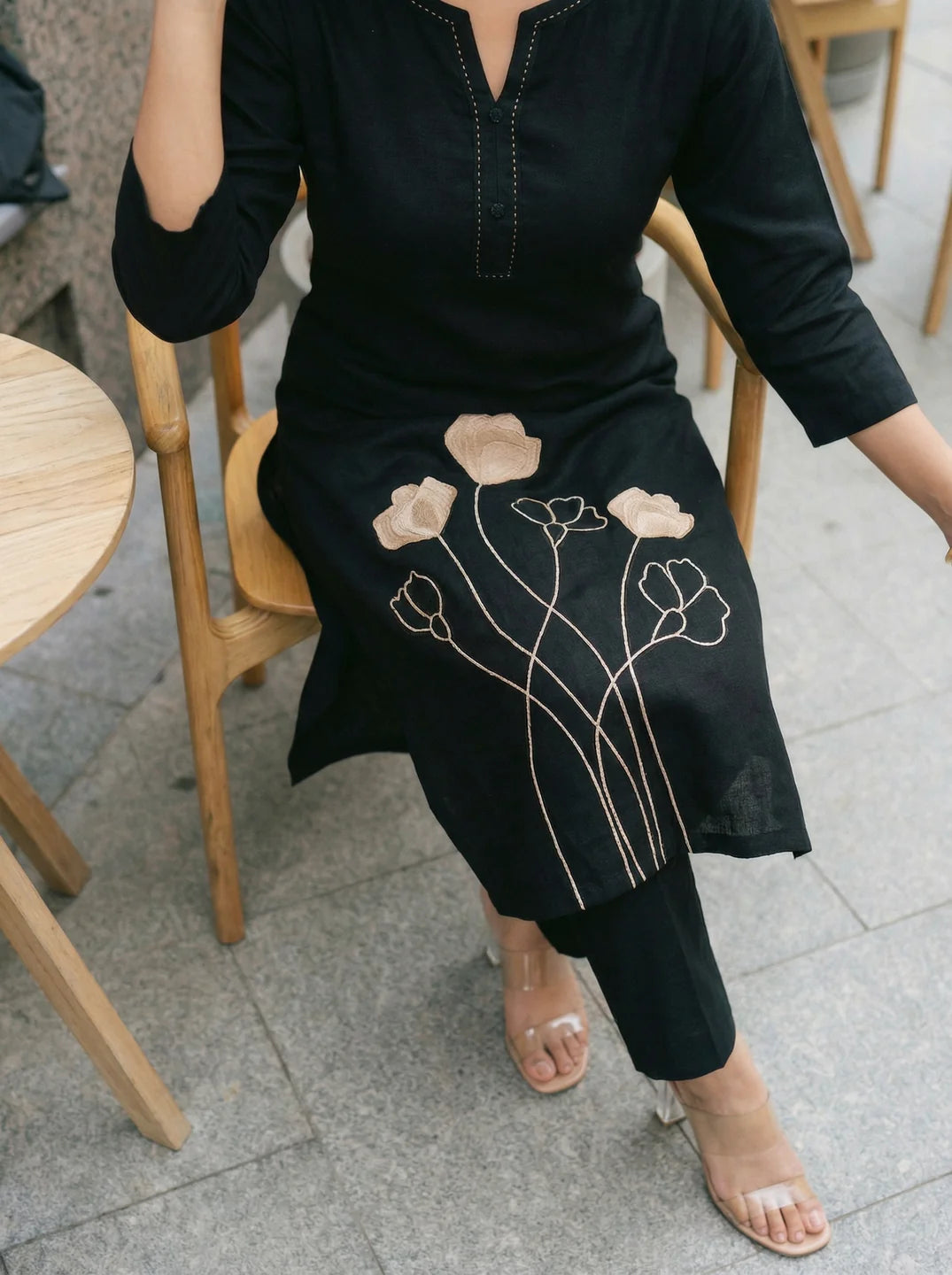 Black Floral Embroidered Kurta Pant Set in Cotton Flex
