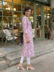 Sequin-Embellished Floral Printed Long Kurti in Cotton Cambric