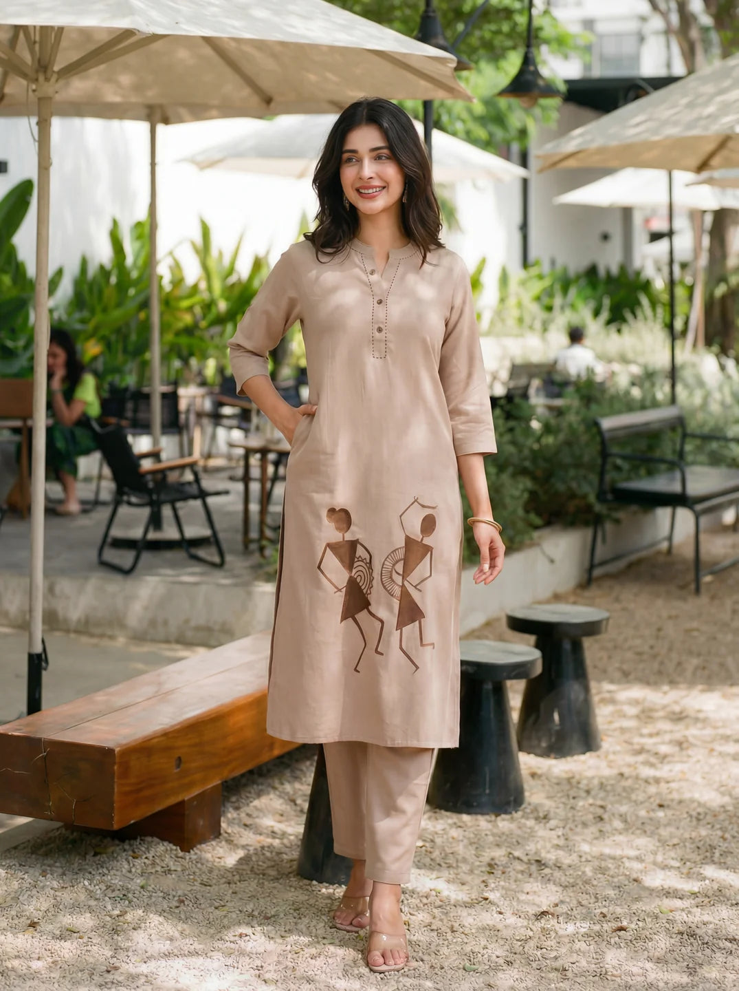 Light Brown Warli Embroidered Kurta Set in Cotton Flex