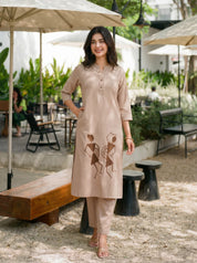 Light Brown Warli Embroidered Kurta Set in Cotton Flex