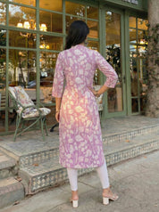 Sequin-Embellished Floral Printed Long Kurti in Cotton Cambric