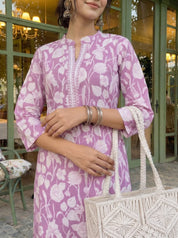 Sequin-Embellished Floral Printed Long Kurti in Cotton Cambric