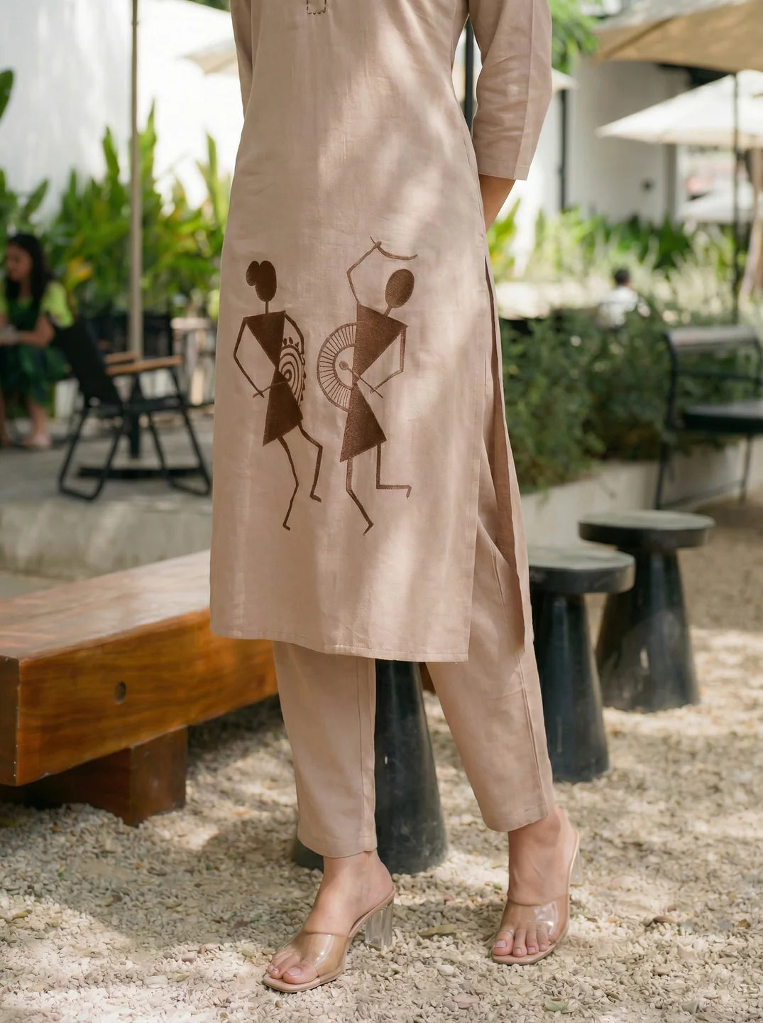 Light Brown Warli Embroidered Kurta Set in Cotton Flex