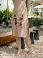Light Brown Warli Embroidered Kurta Set in Cotton Flex