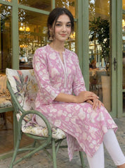 Sequin-Embellished Floral Printed Long Kurti in Cotton Cambric