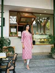 Dusty Rose Bead Embellished Floral Printed Long Kurti in Cotton Cambric