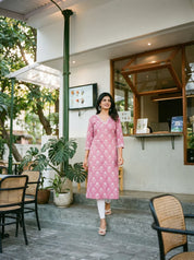Dusty Rose Bead Embellished Floral Printed Long Kurti in Cotton Cambric
