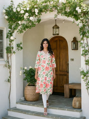 Peach & Off-White Floral Printed & Embroidered Long Kurta in Viscose
