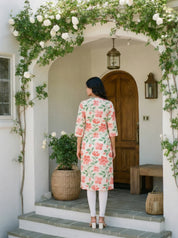 Peach & Off-White Floral Printed & Embroidered Long Kurta in Viscose