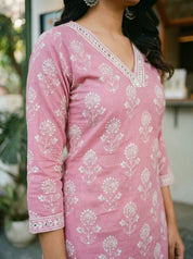 Dusty Rose Bead Embellished Floral Printed Long Kurti in Cotton Cambric