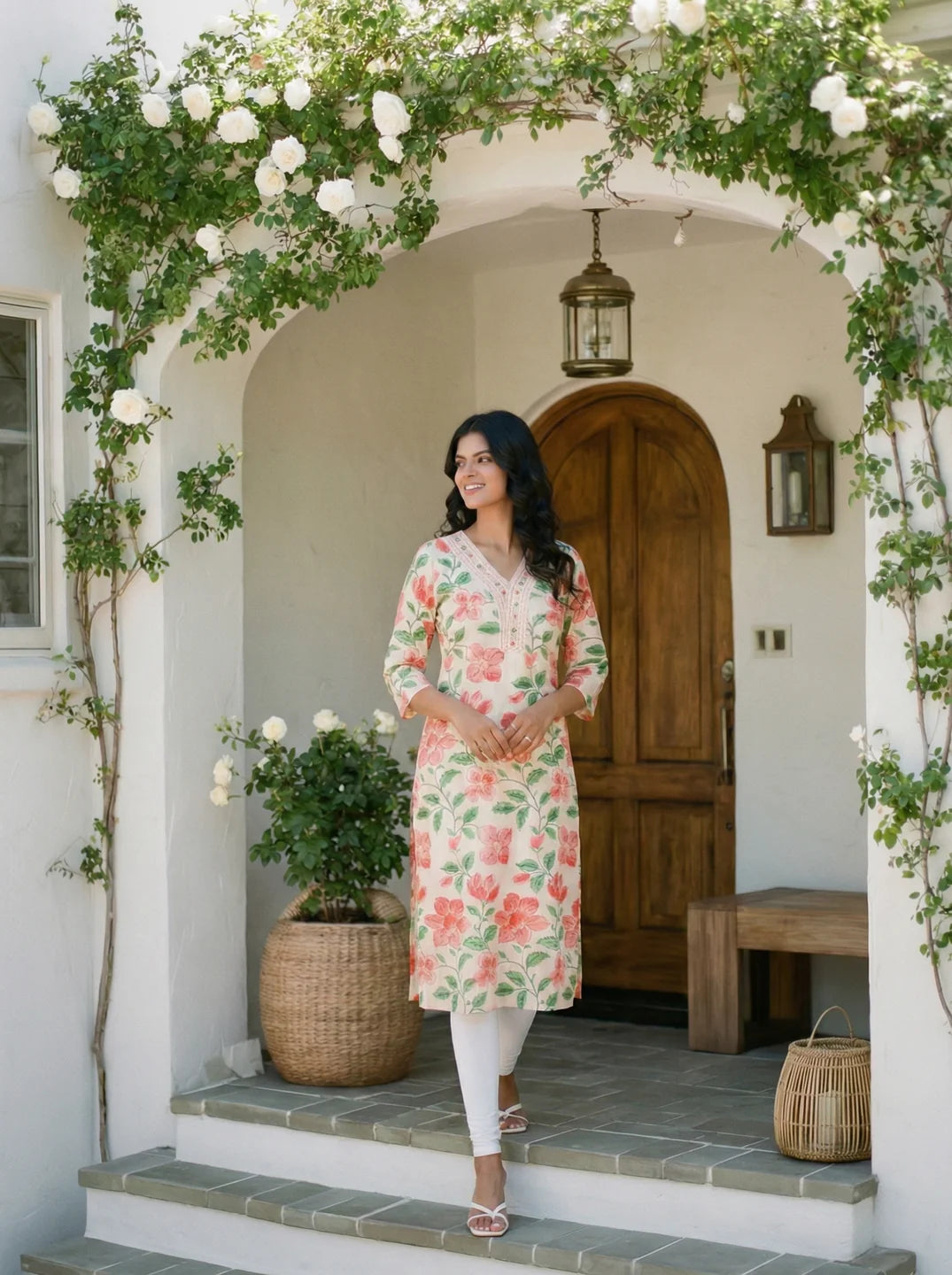 Peach & Off-White Floral Printed & Embroidered Long Kurta in Viscose