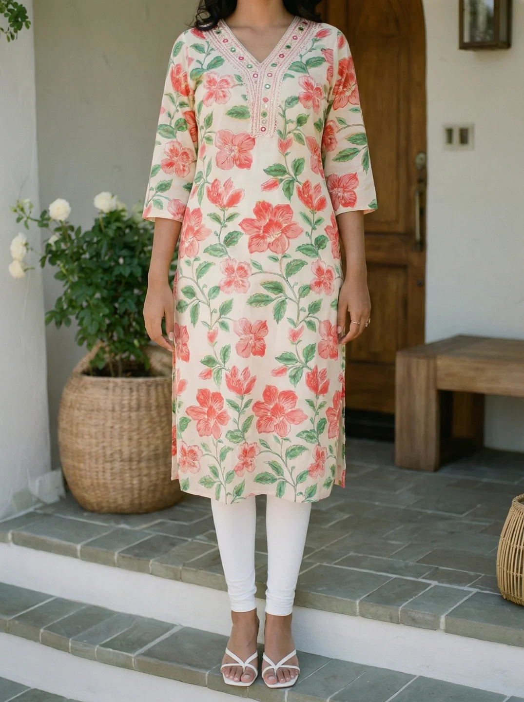Peach & Off-White Floral Printed & Embroidered Long Kurta in Viscose
