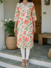 Peach & Off-White Floral Printed & Embroidered Long Kurta in Viscose