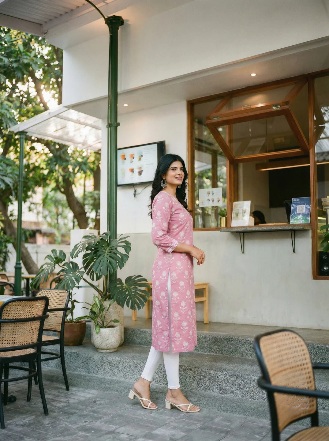Dusty Rose Bead Embellished Floral Printed Long Kurti in Cotton Cambric