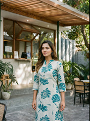 Peacock Blue Bold Floral Printed Wooden Button Long Kurti in Cotton Slub