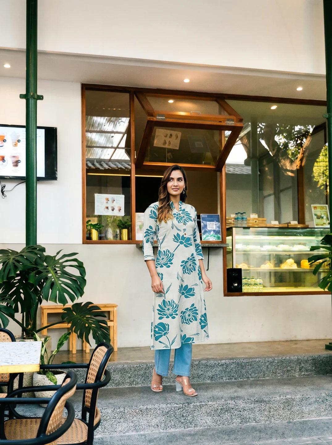 Peacock Blue Bold Floral Printed Wooden Button Long Kurti in Cotton Slub