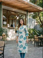 Peacock Blue Bold Floral Printed Wooden Button Long Kurti in Cotton Slub