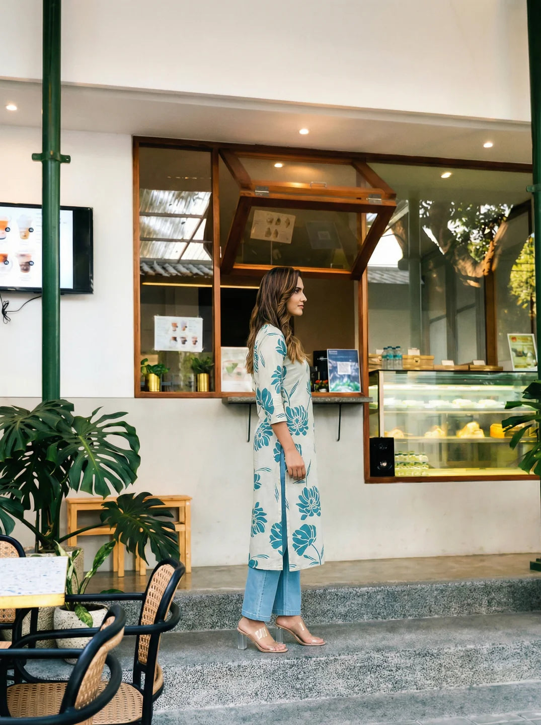 Peacock Blue Bold Floral Printed Wooden Button Long Kurti in Cotton Slub