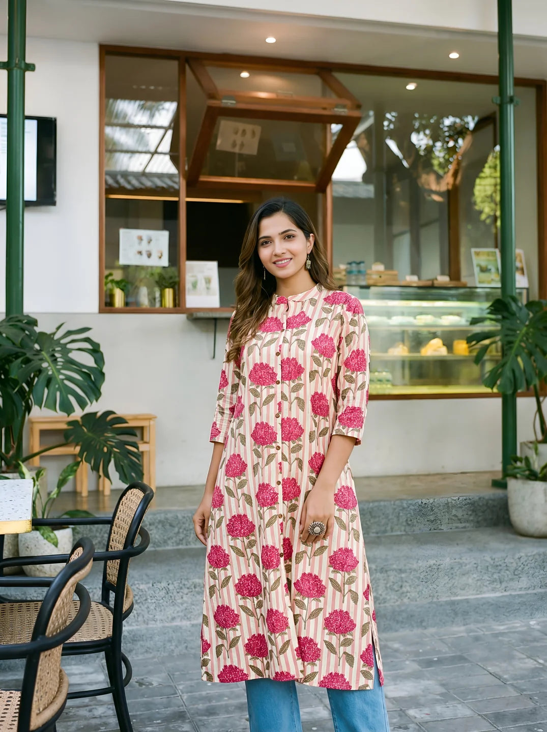 Peach Floral & Stripe Printed Long Kurti in Cotton Flex