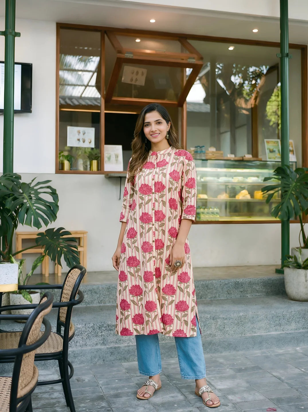 Peach Floral & Stripe Printed Long Kurti in Cotton Flex