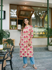 Peach Floral & Stripe Printed Long Kurti in Cotton Flex