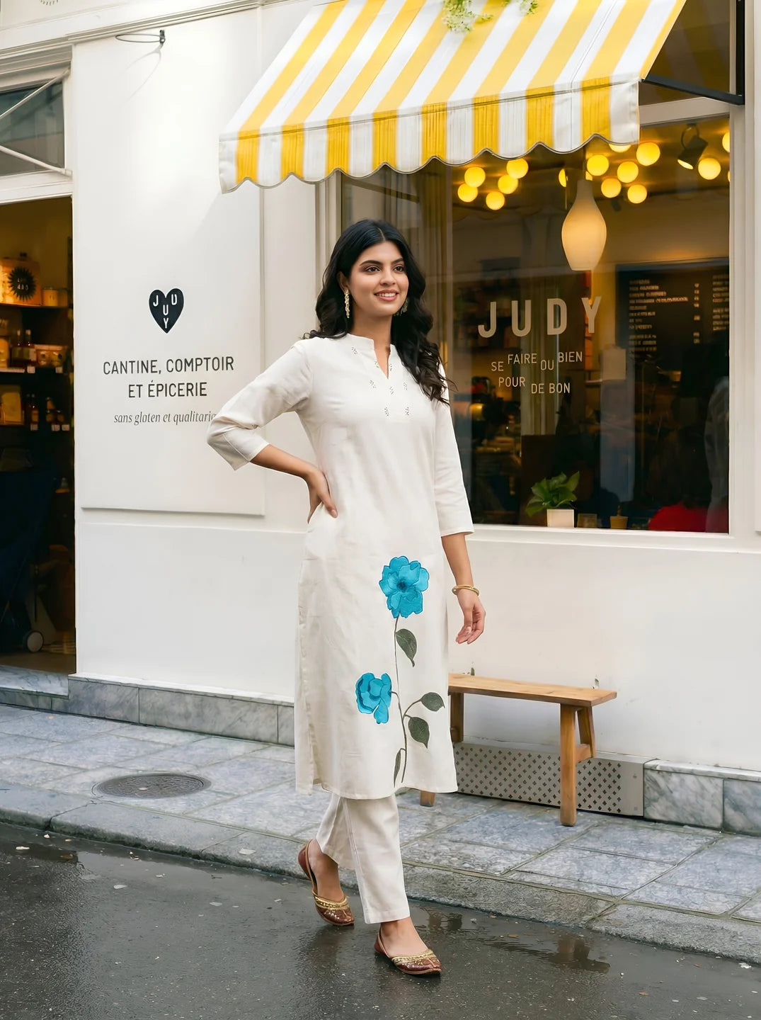 Cream Kurta Pant Set with Turquoise Embroidered Floral Motif in Cotton Flex