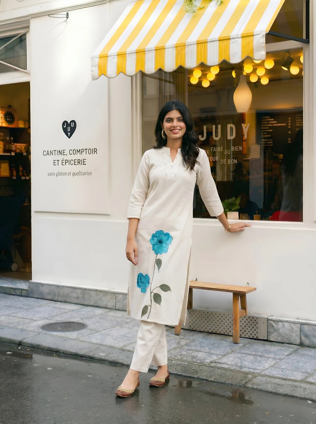 Cream Kurta Pant Set with Turquoise Embroidered Floral Motif in Cotton Flex