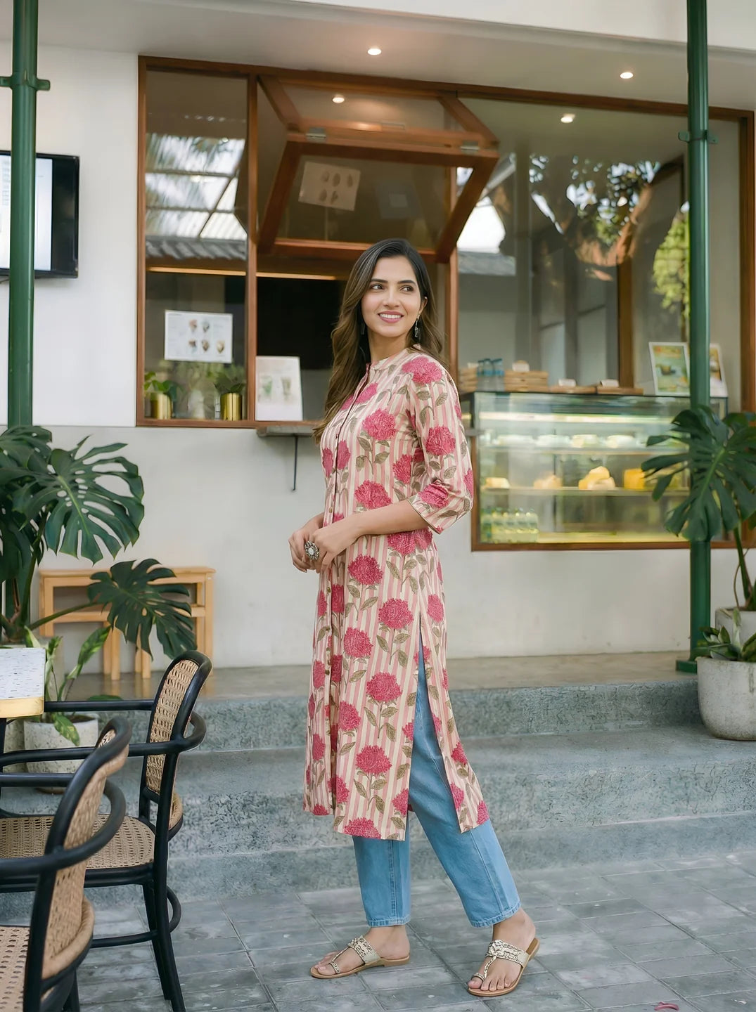 Peach Floral & Stripe Printed Long Kurti in Cotton Flex