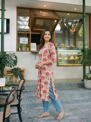 Peach Floral & Stripe Printed Long Kurti in Cotton Flex