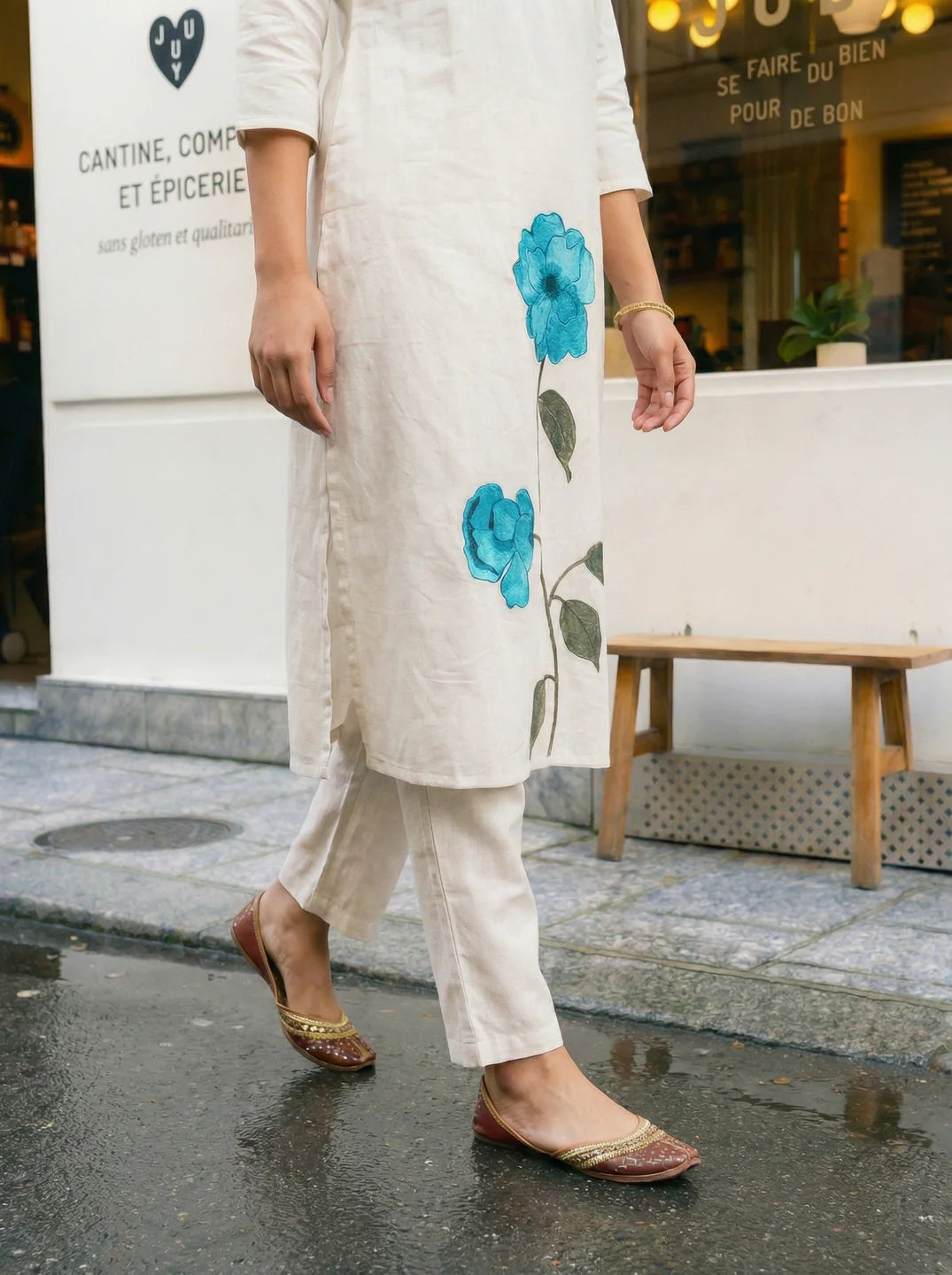 Cream Kurta Pant Set with Turquoise Embroidered Floral Motif in Cotton Flex