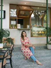 Peach Floral & Stripe Printed Long Kurti in Cotton Flex