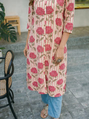 Peach Floral & Stripe Printed Long Kurti in Cotton Flex