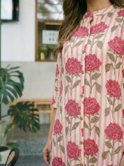 Peach Floral & Stripe Printed Long Kurti in Cotton Flex