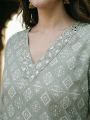 Sage Green Diamond Shape Block Printed Ethnic Set With Dupatta Set