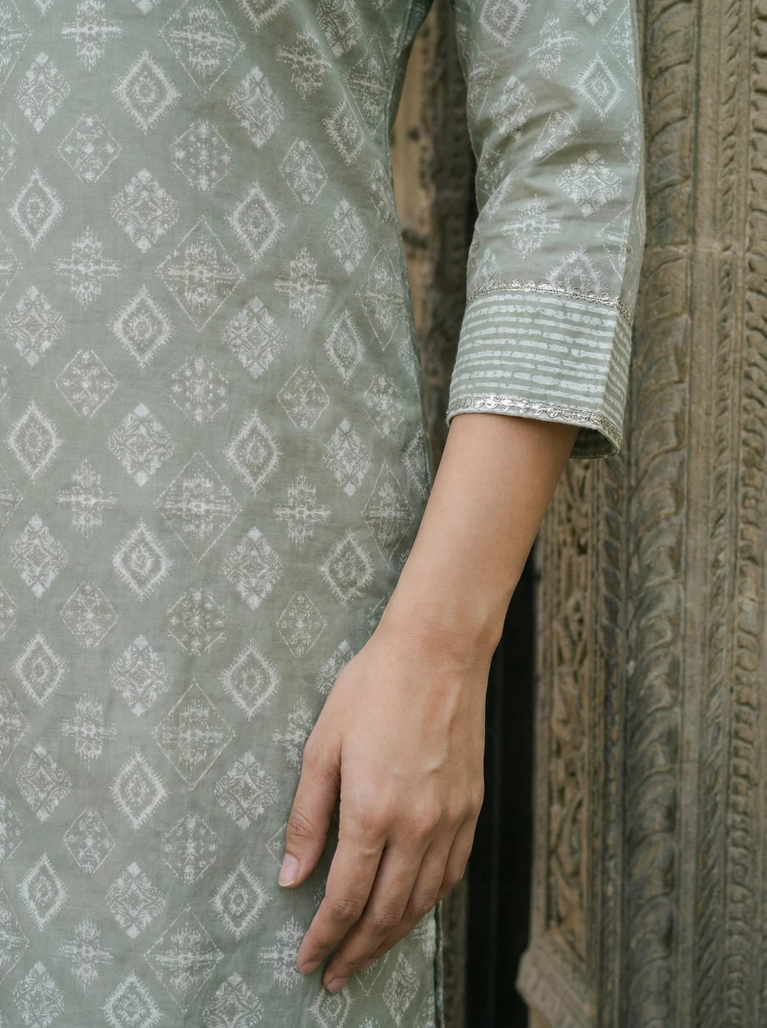 Sage Green Diamond Shape Block Printed Ethnic Set With Dupatta Set