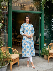 Blue Bold Floral & Stripe Printed Long Kurti in Cotton Flex