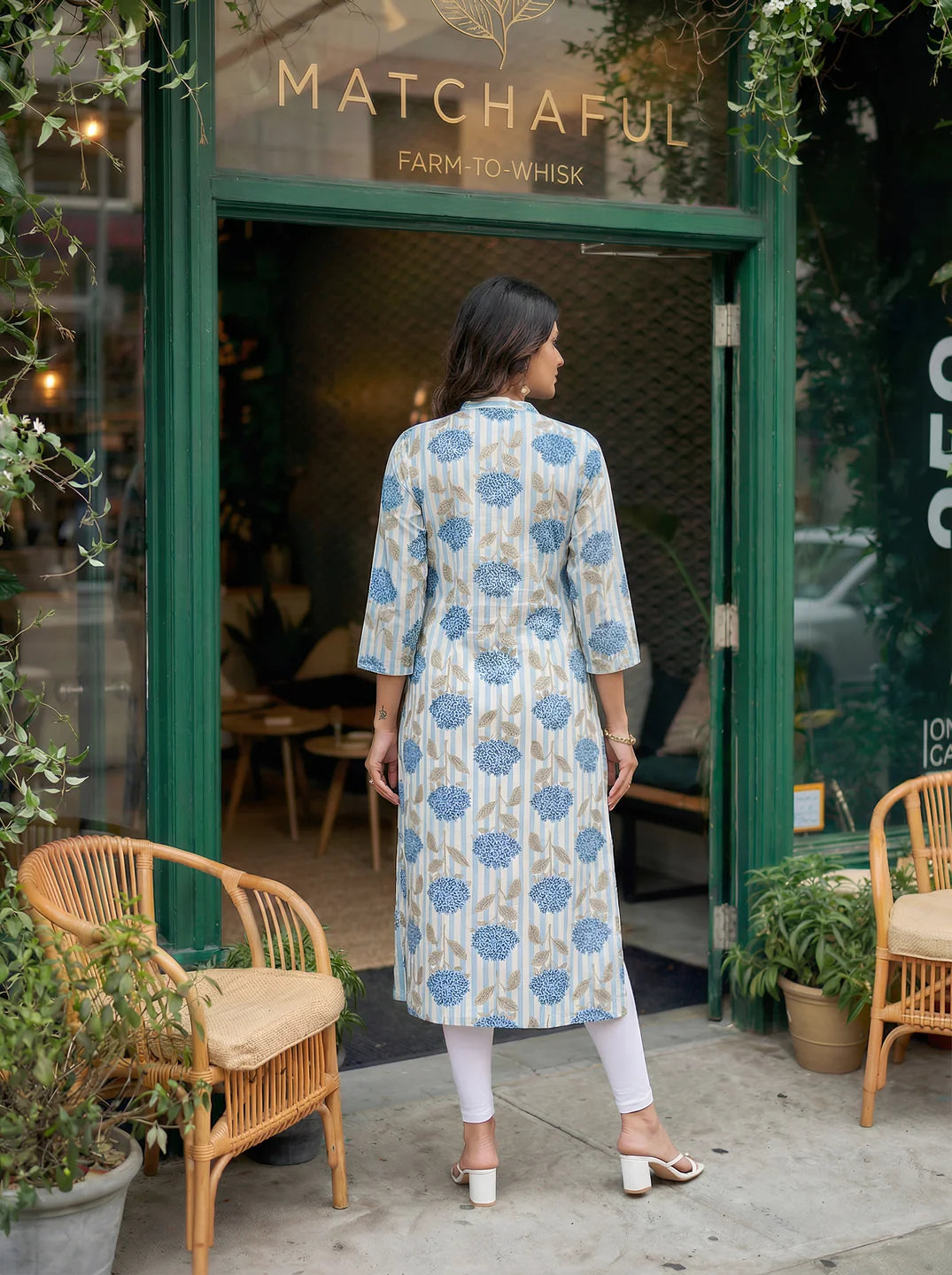 Blue Bold Floral & Stripe Printed Long Kurti in Cotton Flex