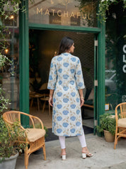 Blue Bold Floral & Stripe Printed Long Kurti in Cotton Flex