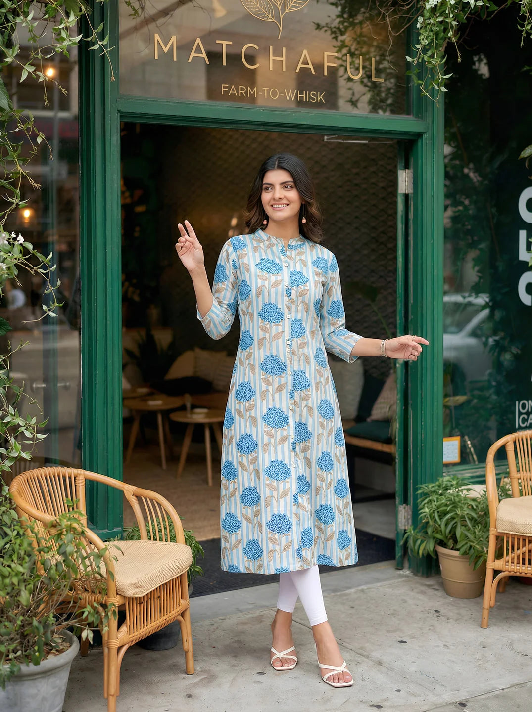 Blue Bold Floral & Stripe Printed Long Kurti in Cotton Flex