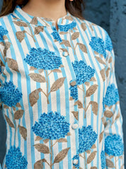 Blue Bold Floral & Stripe Printed Long Kurti in Cotton Flex