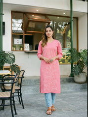 Baby Pink & White Floral Embroidered V-Neck Kurta in Cotton Cambric