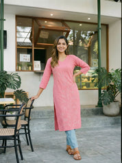 Baby Pink & White Floral Embroidered V-Neck Kurta in Cotton Cambric