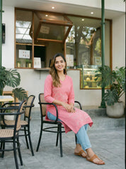 Baby Pink & White Floral Embroidered V-Neck Kurta in Cotton Cambric