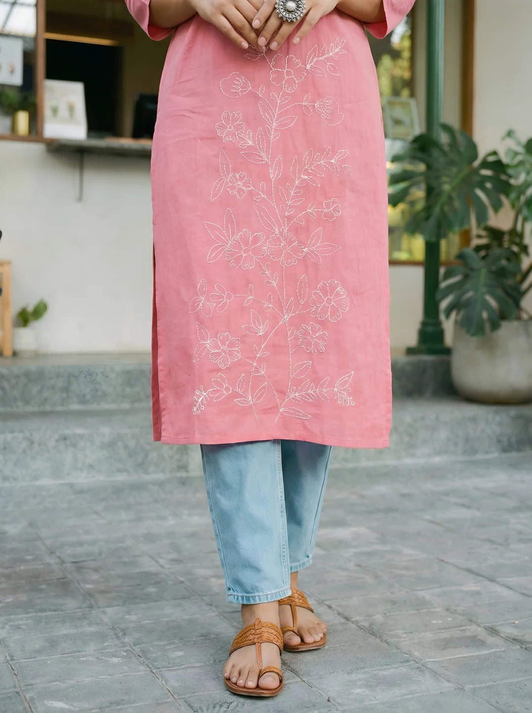 Baby Pink & White Floral Embroidered V-Neck Kurta in Cotton Cambric