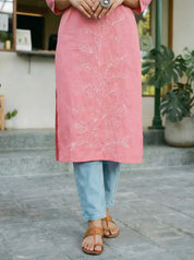 Baby Pink & White Floral Embroidered V-Neck Kurta in Cotton Cambric