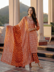 Rust Botanical Print Embroidered V Neck Ethnic Set With Dupatta