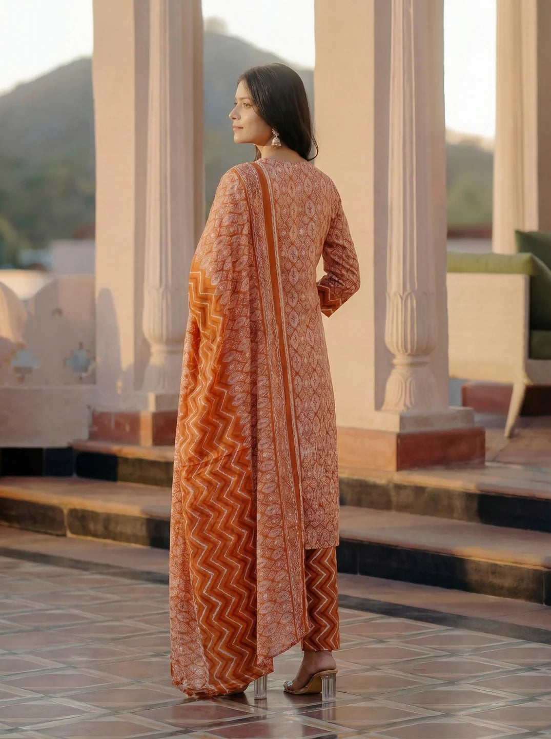 Rust Botanical Print Embroidered V Neck Ethnic Set With Dupatta