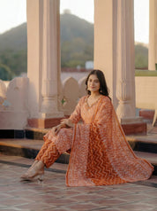 Rust Botanical Print Embroidered V Neck Ethnic Set With Dupatta